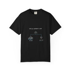 Peut inclure: T-shirt noir avec l'inscription "WIFE ON SEPARATE VLAN" et un schéma de réseau. Le schéma comprend les étiquettes "MY LAB" et "HER STUFF". Le t-shirt est à col rond et à manches courtes.