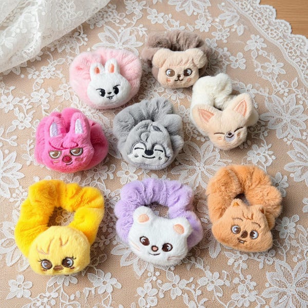 Kpop Plush Scrunchies | Idol Inspired Hair Ties | Animal Character Hair Accessories | Soft Plushie Merch