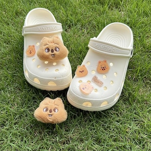 May include: A pair of off-white clogs with decorative charms and a fluffy brown animal face. The clogs have the text "XIXITIAO" on the strap. Additional charms include small bear faces and the word "Home".