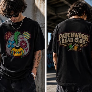 Patchwork Bear Club Graphic Tee, Horror Teddy Bear, Y2K Streetwear Shirt