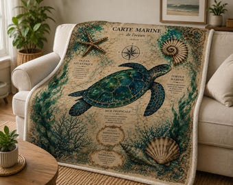 Vintage Sea Turtle Sherpa Blanket – Coastal Nautical Ocean Throw 60x80