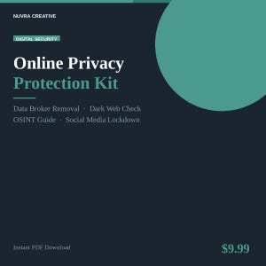 May include: A digital graphic with the text "Online Privacy Protection Kit" in white and teal. The kit includes data broker removal, dark web check, OSINT guide, and social media lockdown. The background is dark blue with a teal circle.