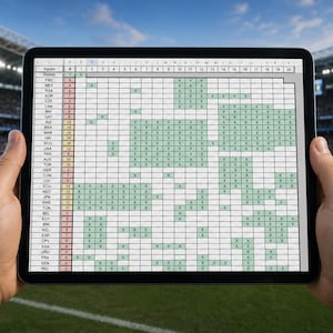 Könnte beinhalten: Ein Tablet zeigt eine Tabelle mit Teamnamen und einem Raster aus grünen und weißen Zellen, das vor einem Stadion gehalten wird. Die Tabelle scheint ein Sportplan oder ein Ergebnis-Tracker zu sein.