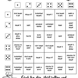 Könnte beinhalten: Schwarz-weiß Drunk Dice Spielbrett mit Würfelillustrationen und Anweisungen. Enthält Sätze wie "Give Away 1 Sip" und "Drink 3". Der Text "Grab two dice, start rolling and Don't forget to refill your drinks! Enjoy!" ist ebenfalls vorhanden.