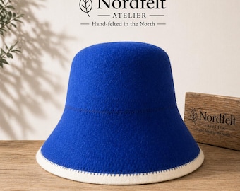 Gorro de sauna de lana azul estilo cubo – Gorro de sauna de fieltro / Gorro de spa / Gorro de estilo urbano / Regalo unisex para la sauna / Bienestar / Regalo de lujo para él