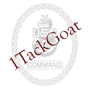 Può includere: Un disegno a tratto nero e bianco di un emblema della Marina degli Stati Uniti. L'emblema è circolare con un'ancora a catena, una stella e il testo "USN" e "COMMAND". Il testo "1TackGoat" è in diagonale sull'immagine.