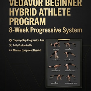 May include: A black and gold graphic with the text "VEDAVOR BEGINNER HYBRID ATHLETE PROGRAM 8-Week Progressive System." The image includes a step-by-step progression tree, customizable options, and minimal equipment needed. It also shows push-up variations.