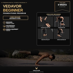 Puede incluir: Un programa de fitness digital titulado VEDAVOR BEGINNER FOUNDATIONS PROGRAM. Incluye una guía de 8 semanas de sistema de peso corporal, demostraciones de ejercicios como dominadas australianas y fondos, y una plancha.