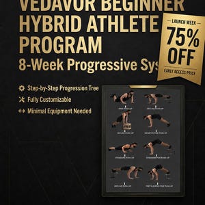 Könnte beinhalten: Werbebild für das VEDAVOR BEGINNER HYBRID ATHLETE PROGRAMM. Der Text beinhaltet "8-Week Progressive Sys" und ein Angebot von 75% Rabatt. Das Bild zeigt verschiedene Liegestütz-Übungen, wie Knie-, Decline- und Pike-Liegestütze. Das Programm ist anpassbar.