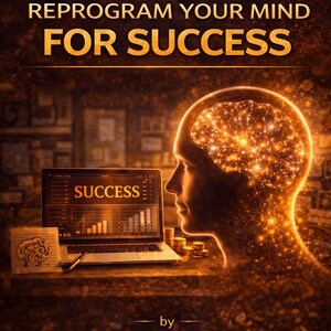 Op de afbeelding: Een boekomslag getiteld REPROGRAM YOUR MIND FOR SUCCESS door QUANTUMMIND. Het toont het gloeiende silhouet van een menselijk hoofd met een lichtgevend brein, een laptop met een SUCCESS-grafiek, een pen en een schets van een brein op papier.