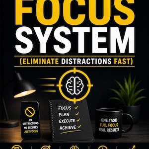 May include: A black and yellow informational poster titled THE FOCUS SYSTEM ELIMINATE DISTRACTIONS FAST. It features a brain icon in a target, a notebook with a checklist, a smartphone with text, and a mug with the text ONE TASK FULL FOCUS REAL RESULTS.