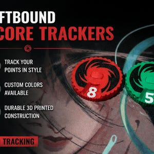 May include: Two circular score trackers, one red and one green, featuring a black spiral design and white numbers. The text reads: RIFTBOUND SCORE TRACKERS, TRACK YOUR POINTS IN STYLE, CUSTOM COLORS AVAILABLE, DURABLE 3D PRINTED CONSTRUCTION, 0-9 TRACKING.