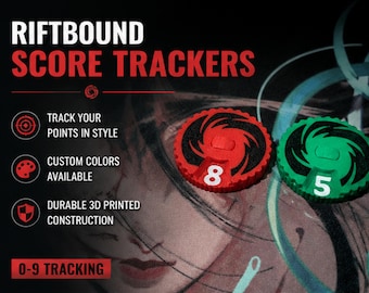 May include: Two circular Riftbound score trackers with a gear-like edge, one red displaying the number 8 and one green displaying the number 5. The text RIFTBOUND SCORE TRACKERS is visible along with bullet points for tracking points, custom colors, and 0-9 tracking.