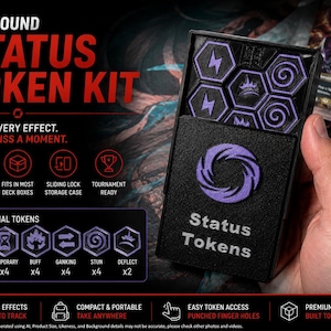 May include: A black rectangular storage case for game tokens with a sliding lid. The case features a purple circular logo and the text Status Tokens. Inside are hexagonal tokens with purple symbols including lightning bolts and swirls.