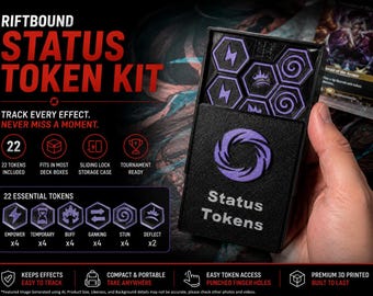 May include: A black rectangular storage case for game tokens with a sliding lid. The case features a purple circular logo and the text Status Tokens. Inside are hexagonal tokens with purple symbols including lightning bolts and swirls.