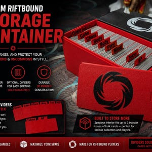 May include: A red rectangular storage container for trading cards with a black lid featuring a circular logo. The container holds rows of cards separated by red dividers labeled with text including Order, Calm, Chaos, Body, Fury, Mind, Token, and BF.