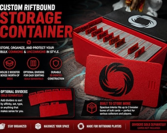 May include: A red rectangular storage container for trading cards with a black lid featuring a circular logo. The container holds rows of cards separated by red dividers labeled with text including Order, Calm, Chaos, Body, Fury, Mind, Token, and BF.