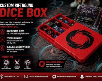 May include: A red rectangular dice box with a black circular logo on the sliding lid. The open box reveals multiple internal compartments containing various polyhedral dice. Text on the image includes CUSTOM RIFTBOUND DICE BOX, 8 DEDICATED SLOTS, CENTER CHANNEL, DURABLE & LIGHTWEIGHT, PERFECT FOR RPGS & TABLETOP GAMES, MINIATURE GAMES, TCG ACCESSORIES, and ROLL. STORE. REPEAT.