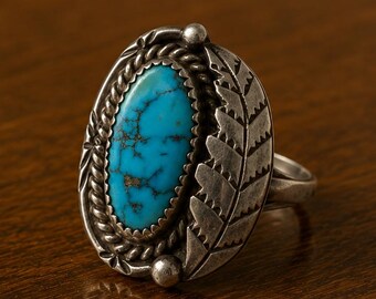 Vintage Sterling Silver Turquoise Ring | Southwestern Leaf Design, Signed BG