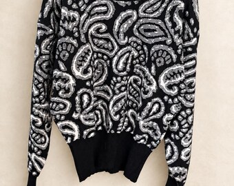 1980s Meister Paisley Dolman Sweater – Black White Wool Blend Mock Neck Pullover