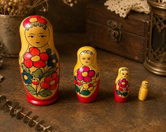 Vintage Russian Matryoshka Nesting Doll, Hand-Painted Floral Babushka (c. 1976)