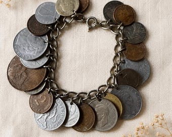 Vintage World Coin Charm Bracelet – European Travel Assemblage Jewelry (1921–1964)