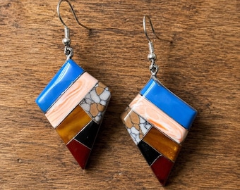 Vintage Late 1980s Alia Mexico Multicolor Stone Inlay Geometric Dangle Earrings
