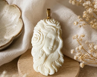Vintage Hand Carved Balinese Bone Cameo Pendant | Art Nouveau Maiden Necklace | Boho Statement Jewelry