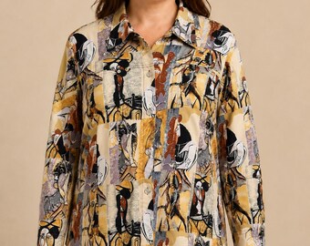 Vintage C.J. Banks Abstract Art Shirt Jacket – Boxy Stretch Top (Fits Large/10)