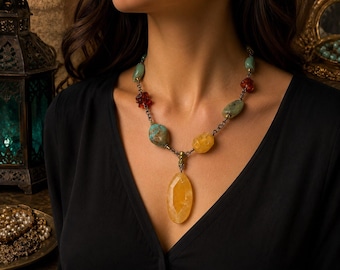 Retired Silpada Mixed Gemstone Statement Necklace with Large Faceted Pendant | Sterling Silver Artisan Jewelry