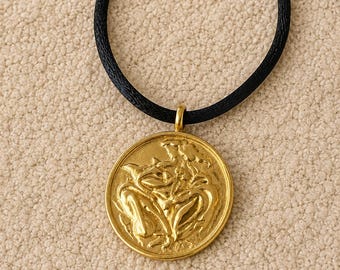 Linda Le Kinff Signed Gold Vermeil Bronze Pendant Necklace | Woman Lyre Flowers Medallion