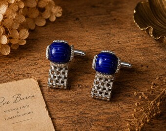 1960s Dante Blue Imported Stone Silver Tone Cufflinks – Vintage Mid Century Modern Formal Accessories, Retro Mens Jewelry, Wedding Groom