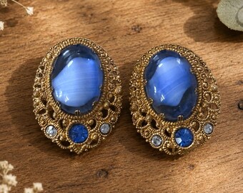 Vintage West Germany Blue Porphyry Slag Glass Filigree Clip On Earrings Gold Tone