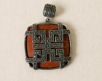 Vintage Orange-Red Stone Pendant – Likely Sterling Silver Geometric Statement Pendant – Coral or Jasper Look