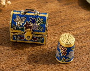 Vintage Cloisonné Miniature Treasure Chest & Thimble Set Blue Enamel Trinket Box 1.5” Collectible Decor