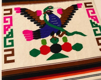Manta Serape Mexicana Vintage – Tecido com Estampa de Pássaro Quetzal, Estilo Boho do Sudoeste