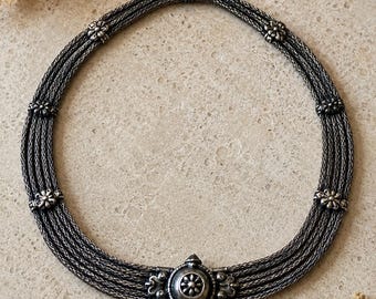 Antique 800 Silver Indian Tribal Choker Necklace, Vintage Woven Mesh Collar, Ornate Twist Clasp Statement Jewelry, Rajasthan Banjara Boho
