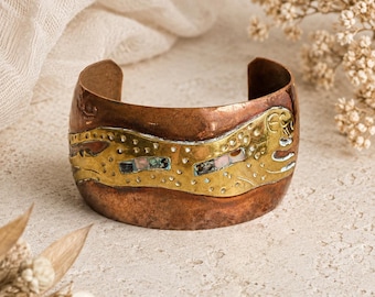 Vintage Mexican Copper & Brass Mixed Metal Cuff Bracelet | Abalone Inlay | Artisan Statement Jewelry