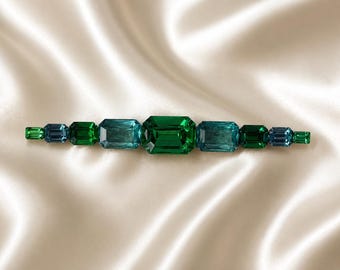Art Deco Revival Emerald Cut Rhinestone Bar Brooch | Green Blue Crystal Pin (4 Inch)