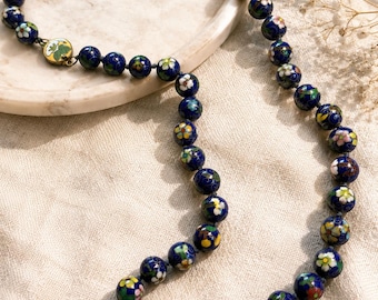 Vintage Chinese Cloisonné Long Strand Necklace | Blue Floral Beads | Hand Knotted Artisan Jewelry | Elegant Bohemian Jewelry | 14.25” Drop