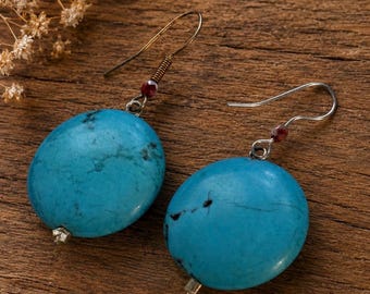 Handmade Nepal Turquoise Dangle Earrings – Boho Round Disc Drop Artisan Jewelry