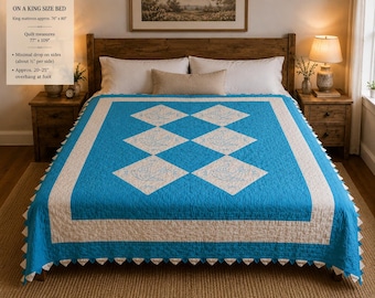 Vintage Mid-Century Bluebird Quilt | King Size Hand-Embroidered Folk Art Bedspread | 77” x 109” Cottagecore Quilt