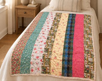 1940s–1950s Hand-Tied Patchwork Quilt – Floral, Calico, Scenic Strips (59 x 73 Inches)