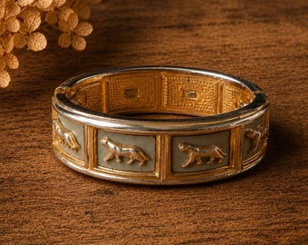 Vintage 1980s Panther Clamper Bracelet | Two-Tone Gold Silver Statement Bangle