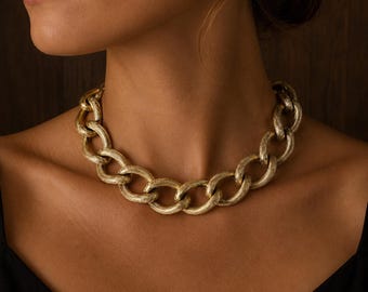Erwin Pearl Vintage Gold Tone Chunky Textured Link Statement Necklace 1980s Designer Jewelry
