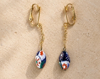 Vintage Murano Millefiori Dangle Earrings | Italian Art Glass Clip-Ons (1970s)