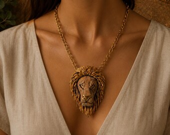 Vintage Lion Head Pendant Necklace: Luca Razza Attributed, Gold-Tone Sculptural Statement 1970s