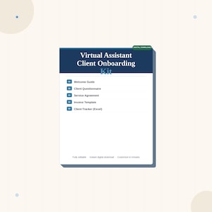 Puede incluir: Un kit de descarga digital para asistentes virtuales, con un diseño azul marino y blanco. El kit incluye una guía de bienvenida, un cuestionario para clientes, un acuerdo de servicio, una plantilla de factura y un rastreador de clientes.