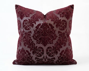 Burgundy Damask Velvet Decorative Throw Pillow Cover - Luxury Classic Home Decor