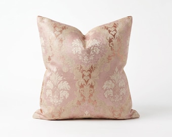 Blush Pink Damask Jacquard Pillow Cover | Square Floral Decorative Throw Pillow